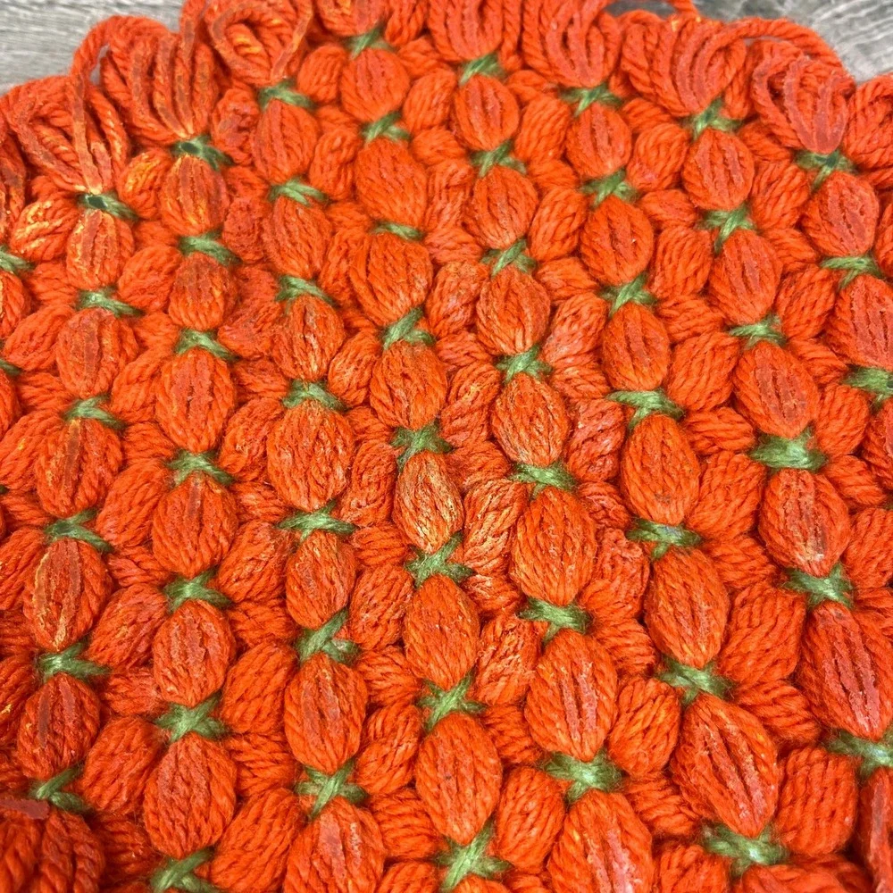 Handmade Loom Knit Yarn Trivets Set of 3 Orange Brown Retro Hot Pads 8 in